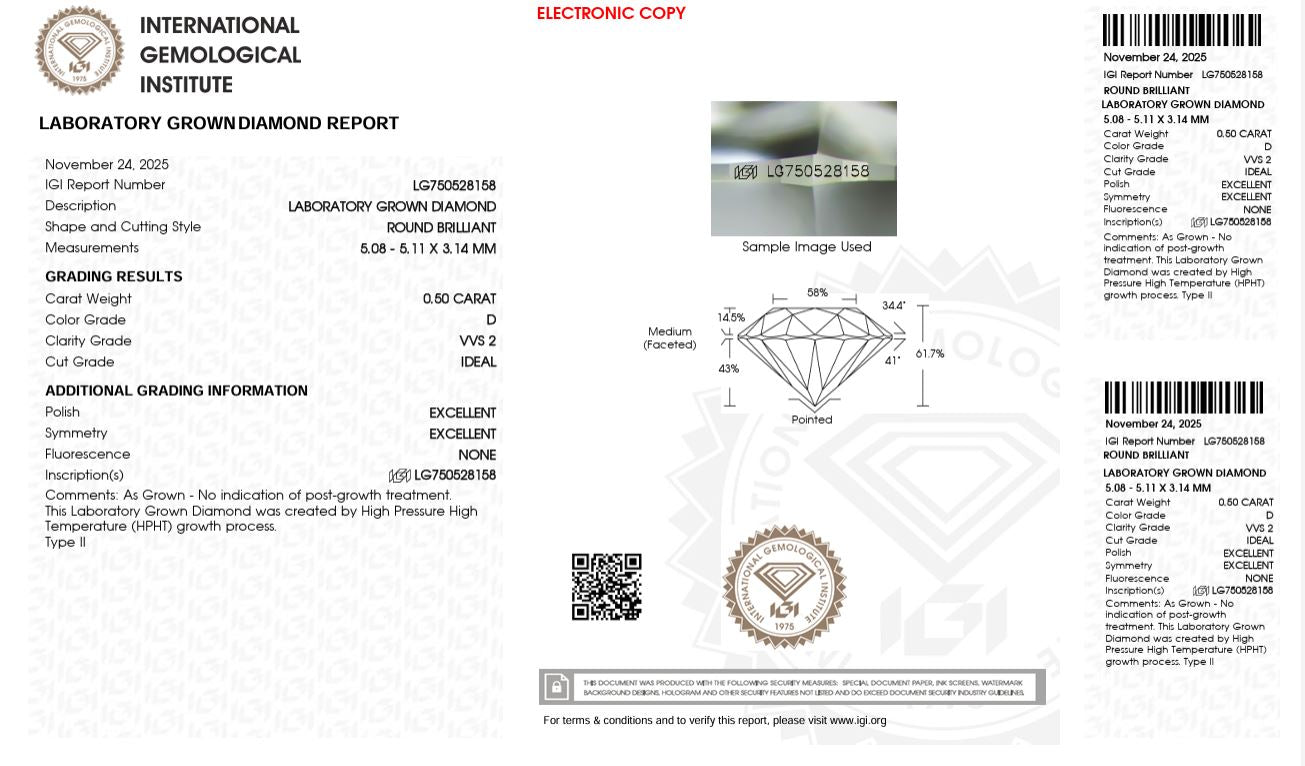 0.50CT VVS2 D 750528158 Round Cut Lab Grown Diamond