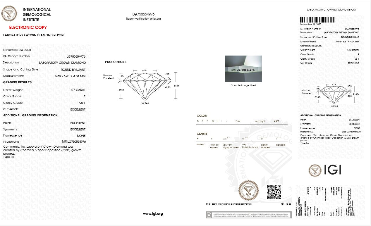 1.07CT VS1 E 750554976 Round Cut Lab Grown Diamond
