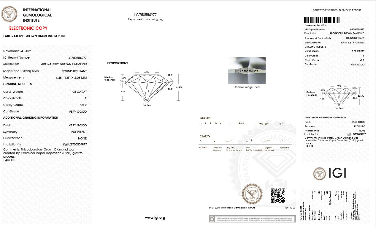 1.08CT VS2 F 750554977 Round Cut Lab Grown Diamond