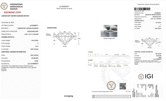 1.08CT VS2 F 750554977 Round Cut Lab Grown Diamond