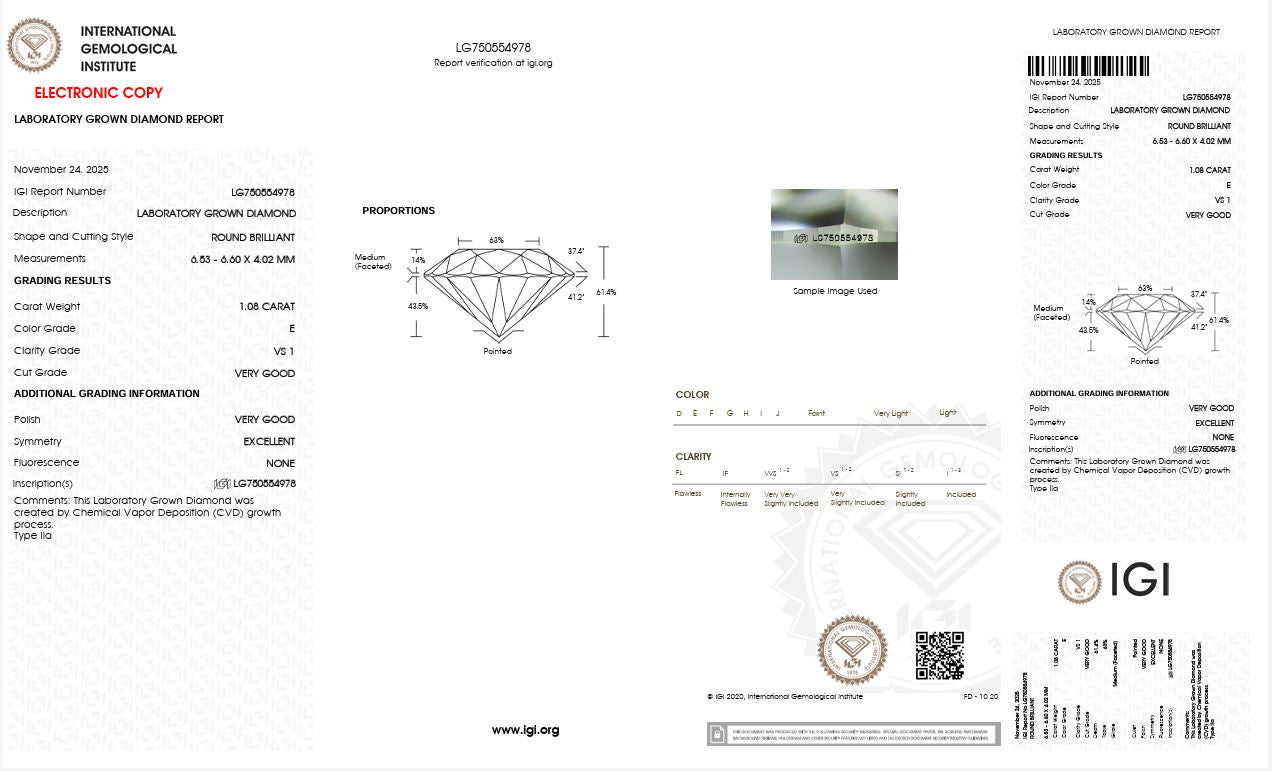 1.07CT VS1 E 750554978 Round Cut Lab Grown Diamond