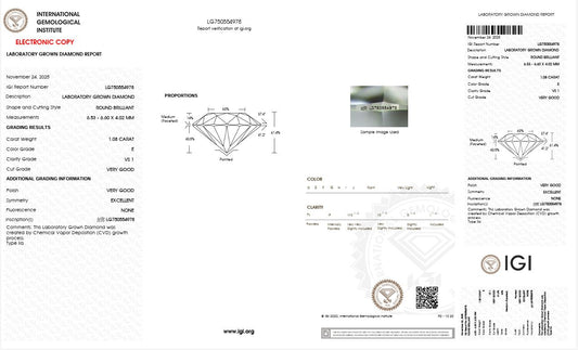 1.07CT VS1 E 750554978 Round Cut Lab Grown Diamond