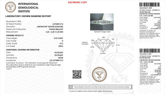 0.29CT VS2 D 754551316 Round Cut Lab Grown Diamond