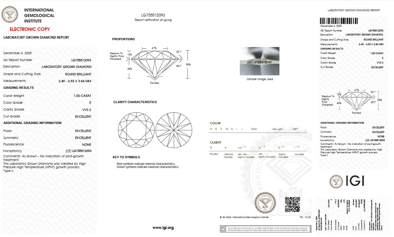 1.0CT VVS2 E 755512093 Round Cut Lab Grown Diamond