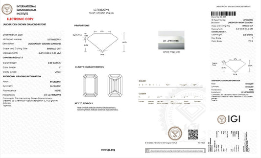 2.0CT VVS1 E 756520993 Emerald Cut Lab Grown Diamond