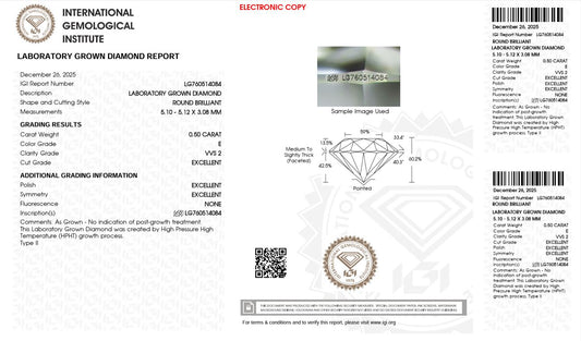 0.50CT VVS2 E 760514084 Round Cut Lab Grown Diamond