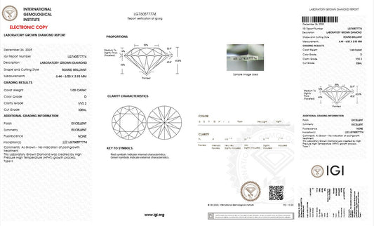 1CT VVS2 D 760577774 Round Cut Lab Grown Diamond