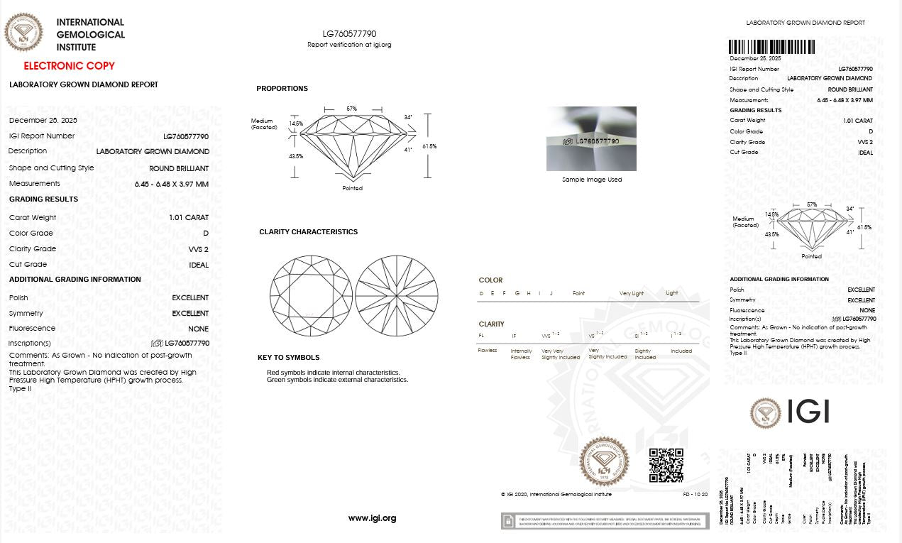 1.01CT VVS2 D 760577808 Round Cut Lab Grown Diamond