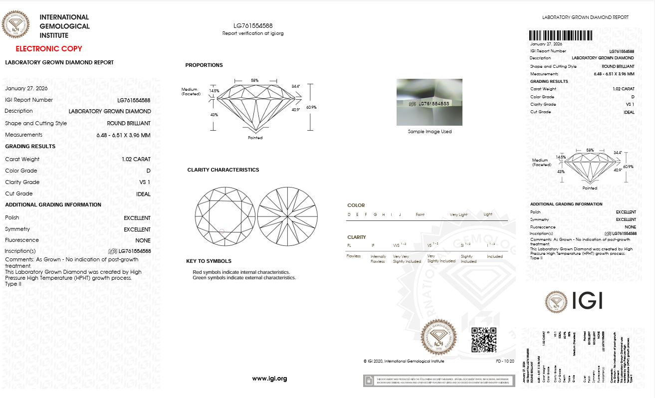 1.02CT VS1 D 761554588 Round Cut Lab Grown Diamond