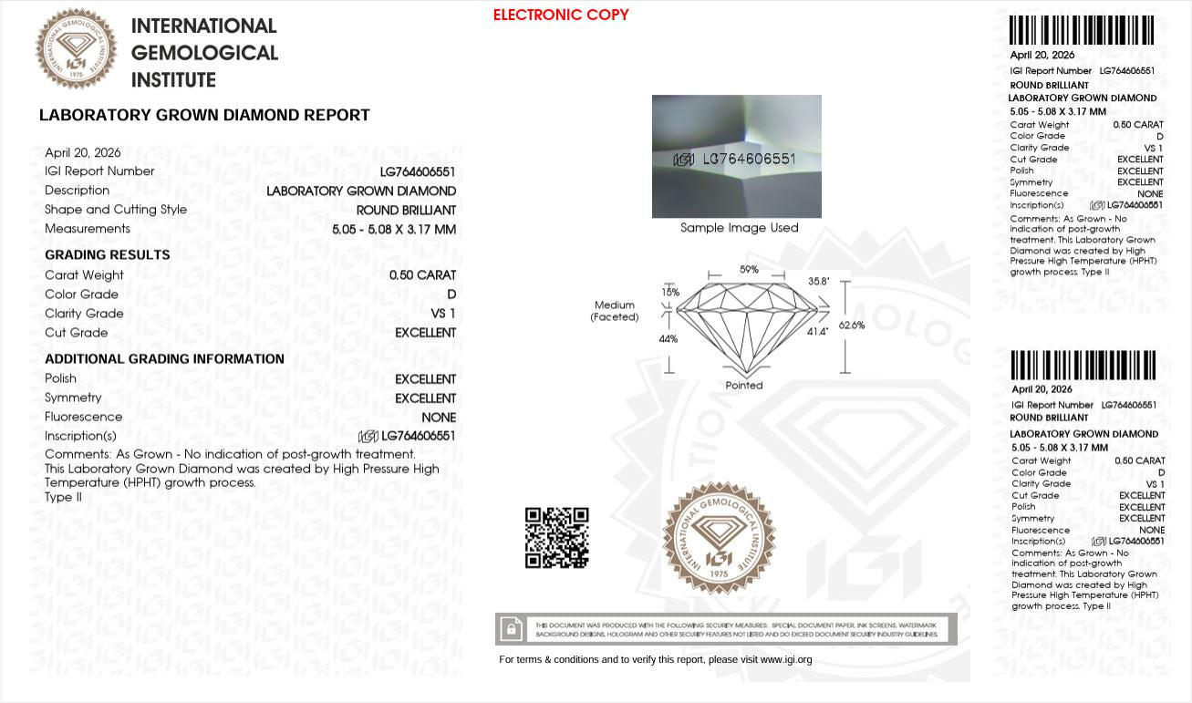 0.50CT VS1 D 764606551 Round Cut Lab Grown Diamond