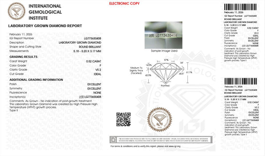0.52CT VS2 F 773630408 Round Cut Lab Grown Diamond