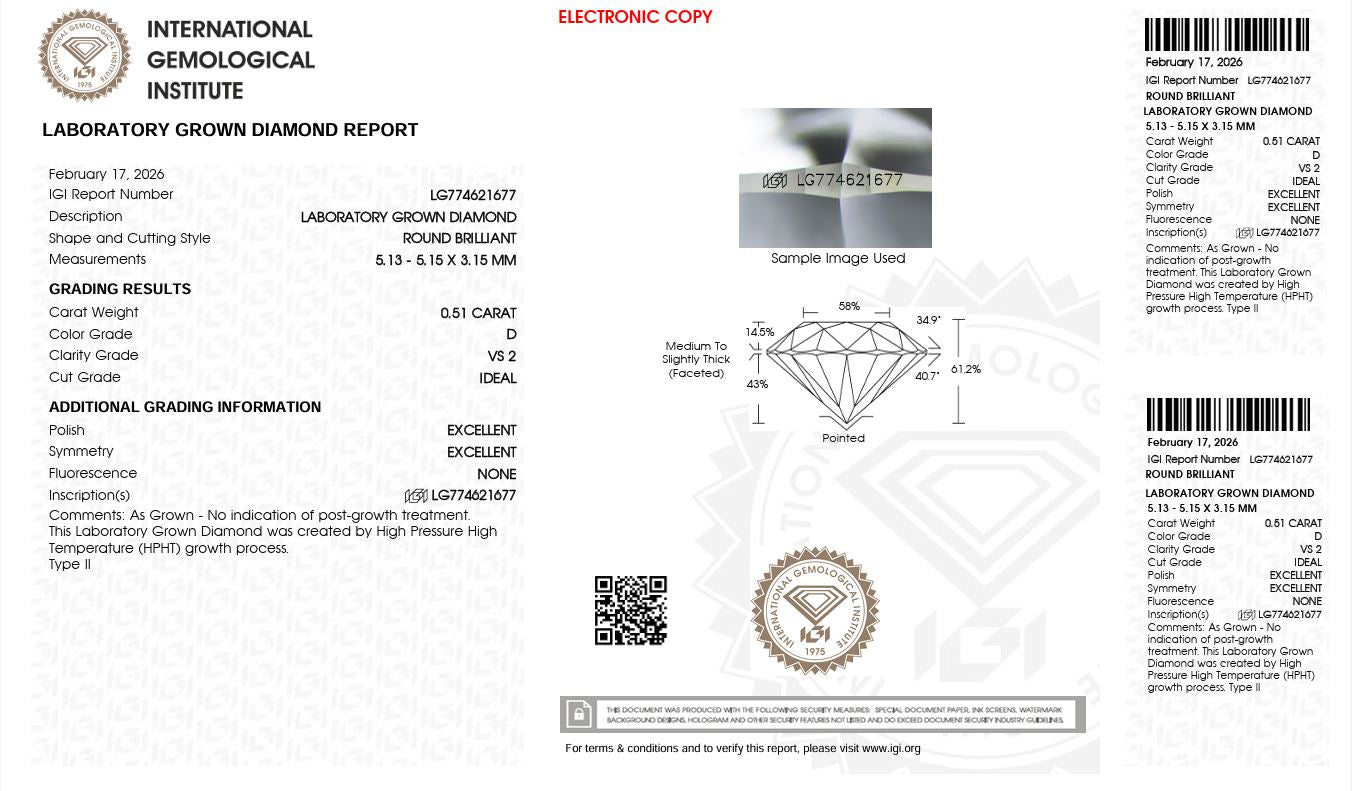0.51CT VS2 D 774621677 Round Cut Lab Grown Diamond