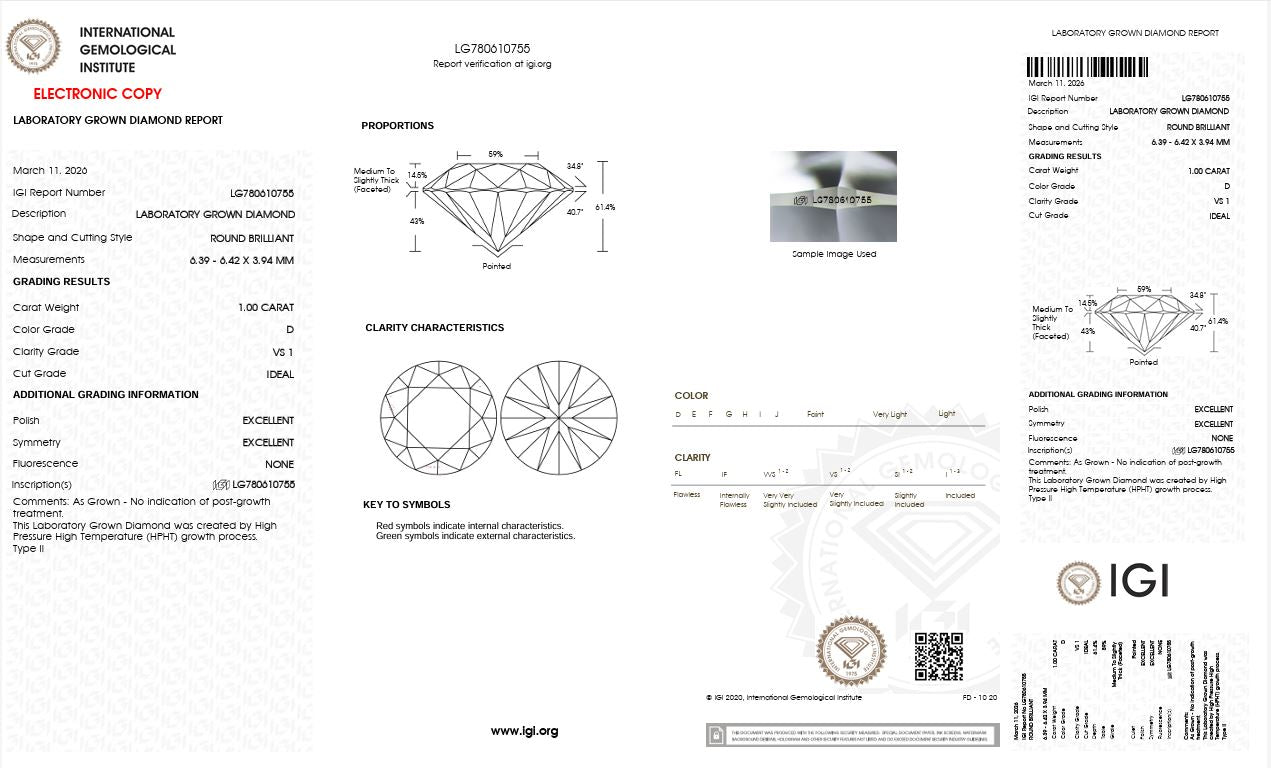 1.0CT VS1 D 780610755 Round Cut Lab Grown Diamond