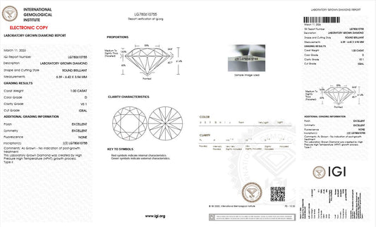 1.0CT VS1 D 780610755 Round Cut Lab Grown Diamond