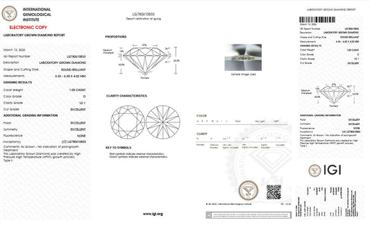1.0CT VS1 D 780610833 Round Cut Lab Grown Diamond