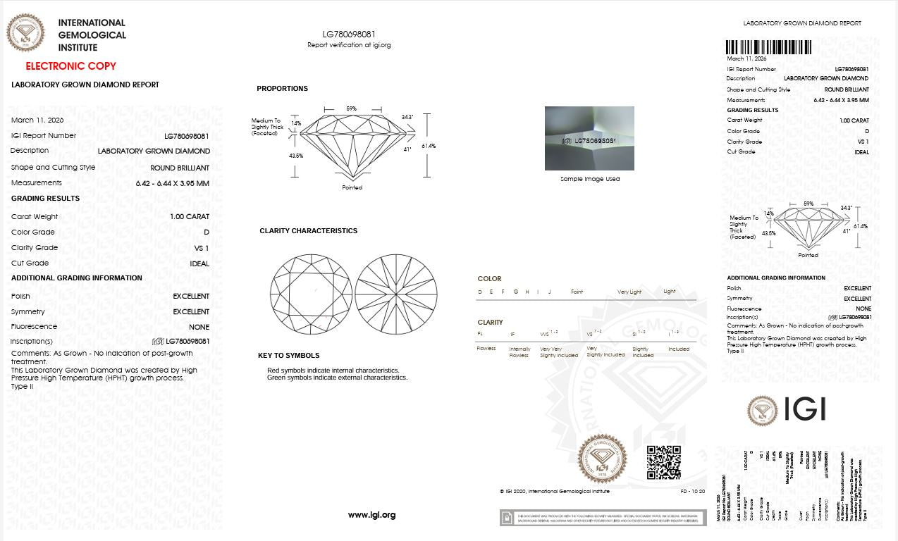 1.0CT VS1 D 780698081 Round Cut Lab Grown Diamond