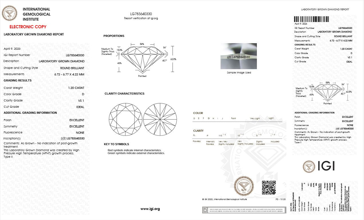 1.20CT VS1 D 783640330 Round Cut Lab Grown Diamond