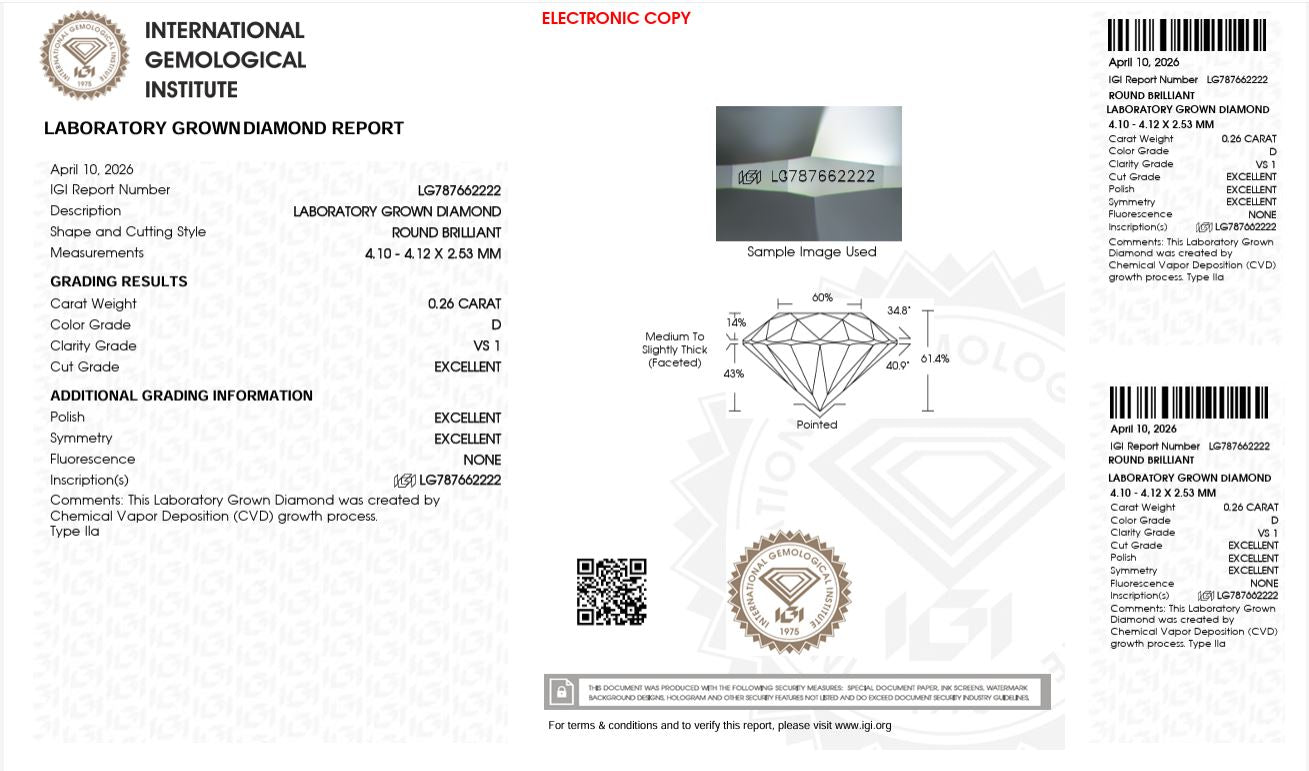 0.26CT VS1 D 787662222 Round Cut Lab Grown Diamond