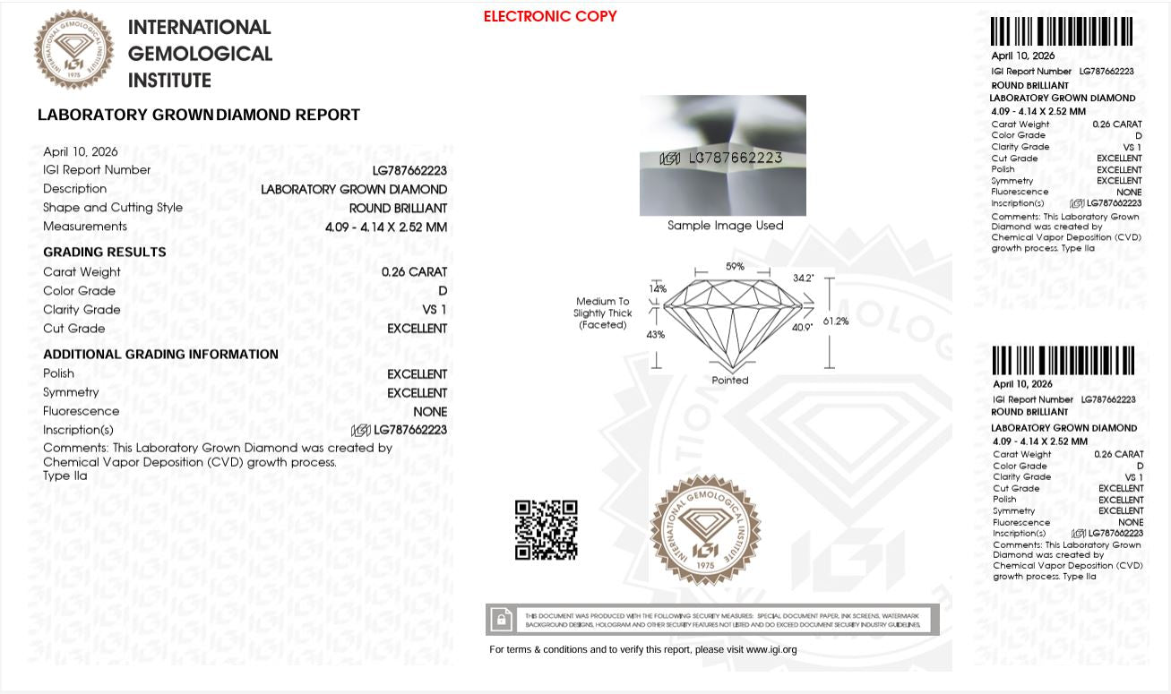 0.26CT VS1 D 787662223 Round Cut Lab Grown Diamond