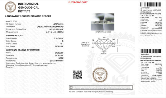 0.26CT VS1 D 787662223 Round Cut Lab Grown Diamond