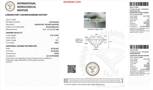 0.26CT VS1 D 787662224 Round Cut Lab Grown Diamond