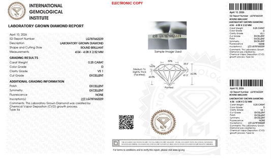 0.25CT VS1 D 787662229 Round Cut Lab Grown Diamond