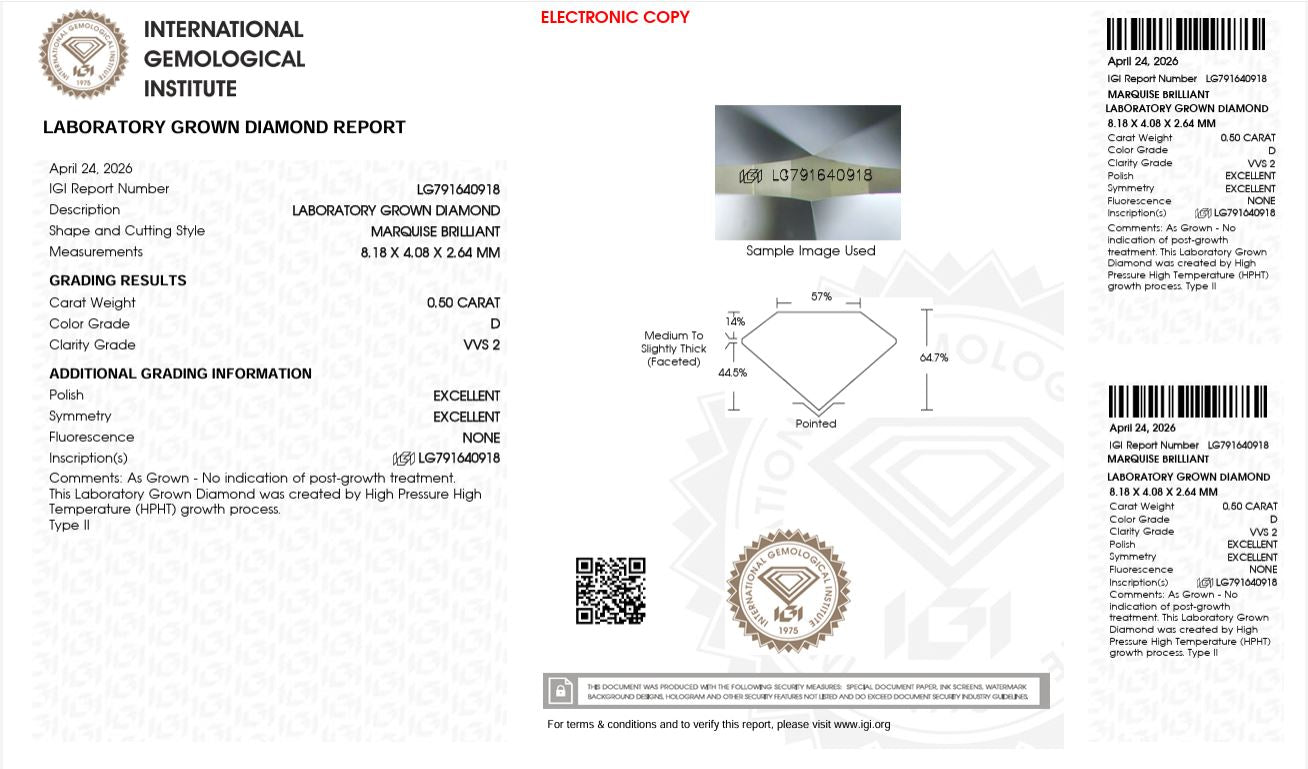 0.50CT VVS2 D 791640918 Marquise Cut Lab Grown Diamond