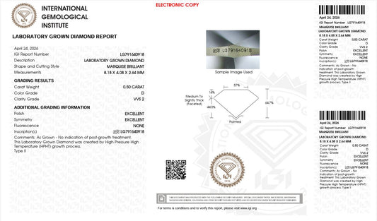 0.50CT VVS2 D 791640918 Marquise Cut Lab Grown Diamond