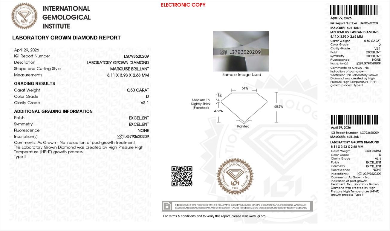 0.50CT VS1 D 793620209 Marquise Cut Lab Grown Diamond