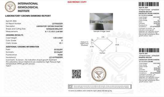 0.50CT VS1 D 793620209 Marquise Cut Lab Grown Diamond