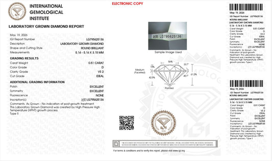 0.51CT VS2 D 795625136 Round Cut Lab Grown Diamond