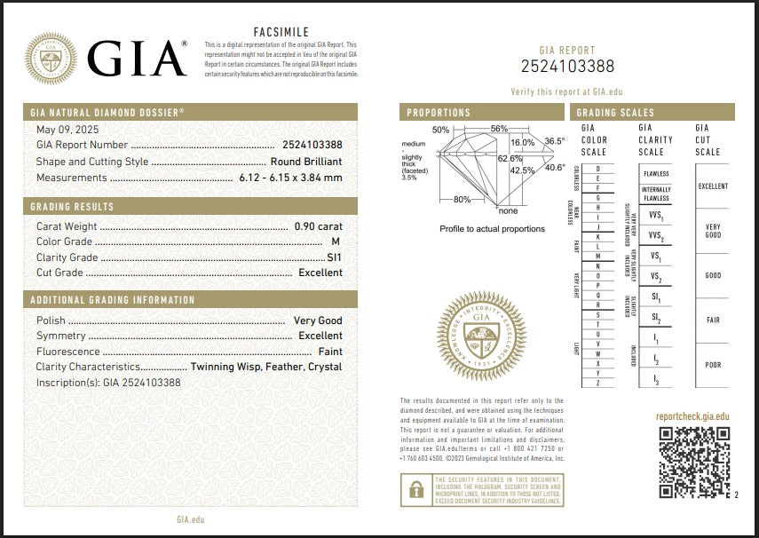 0.90CT SI1 M 2524103388 Round Cut Natural Diamond